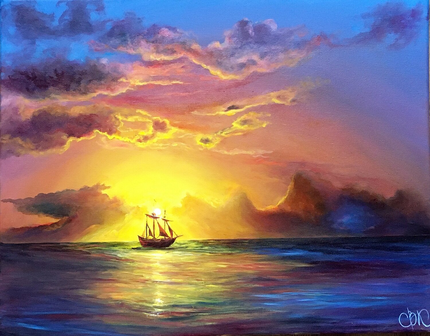 Sunset with a Ship Olga Begisheva K. Original painting for sale