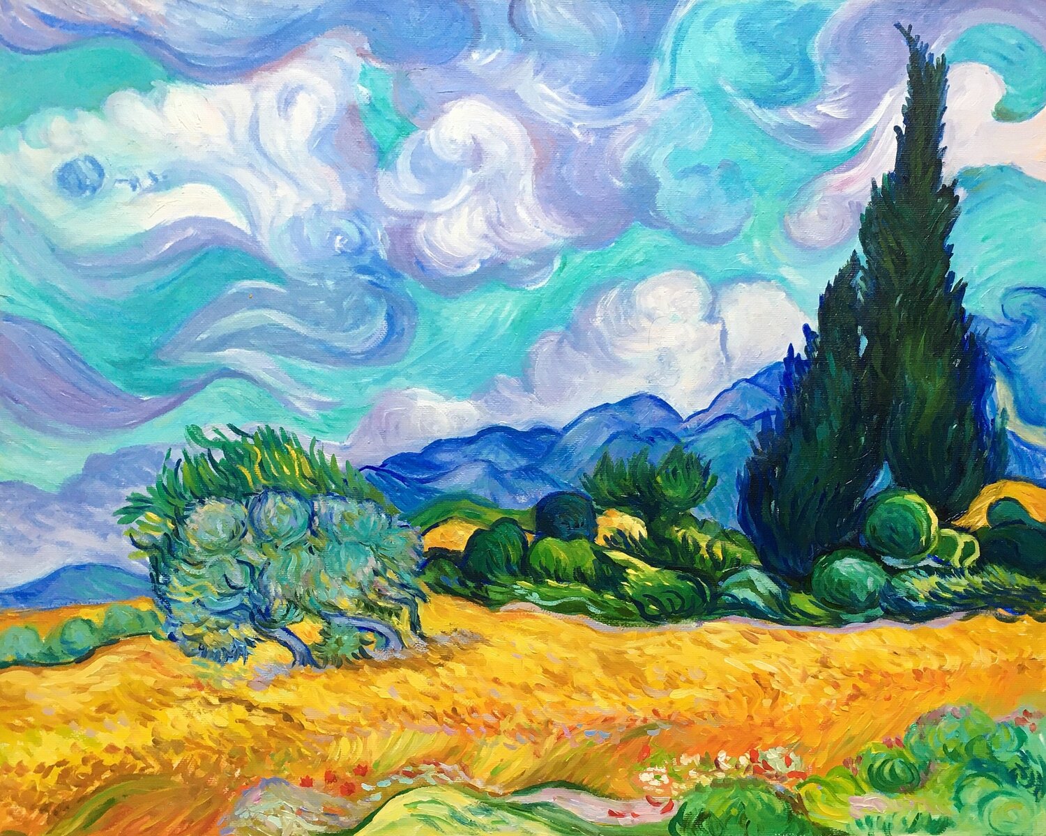 Wheat field with cypresses by V. Van Gogh Olga Begisheva K. Original painting for sale