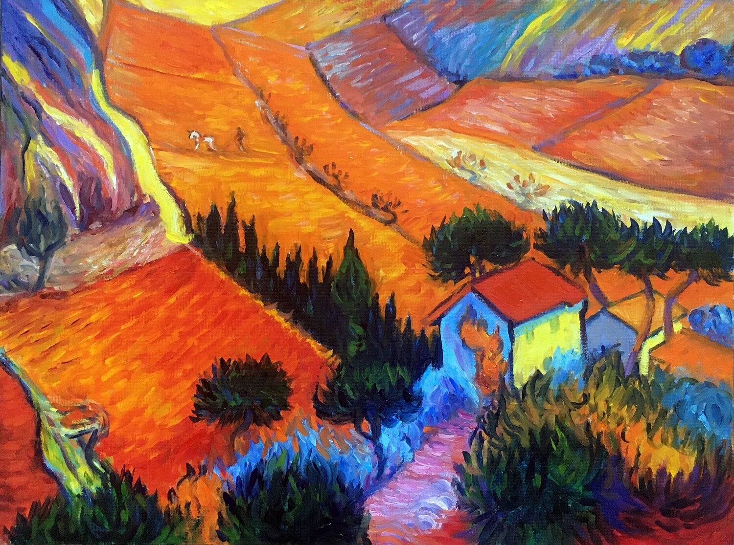 Landscape with House and Ploughman by V. Van Gogh Olga Begisheva K. Original painting for sale