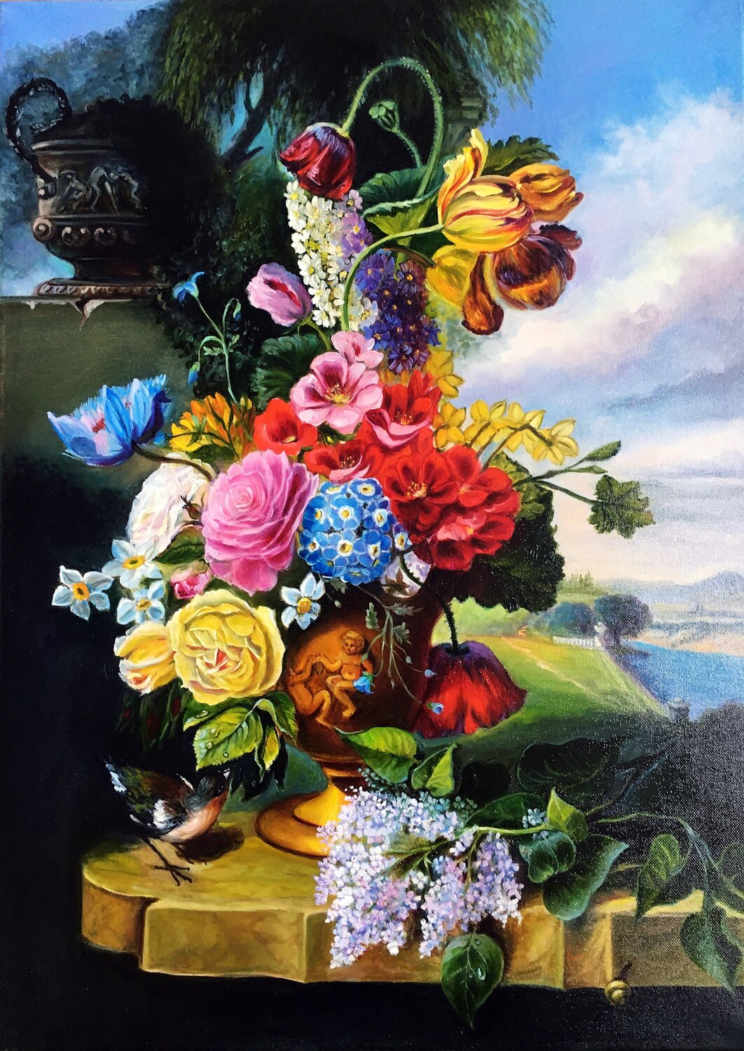 Still life of flowers in a vase with a finch and a snail. Olga Begisheva K. Original painting for sale