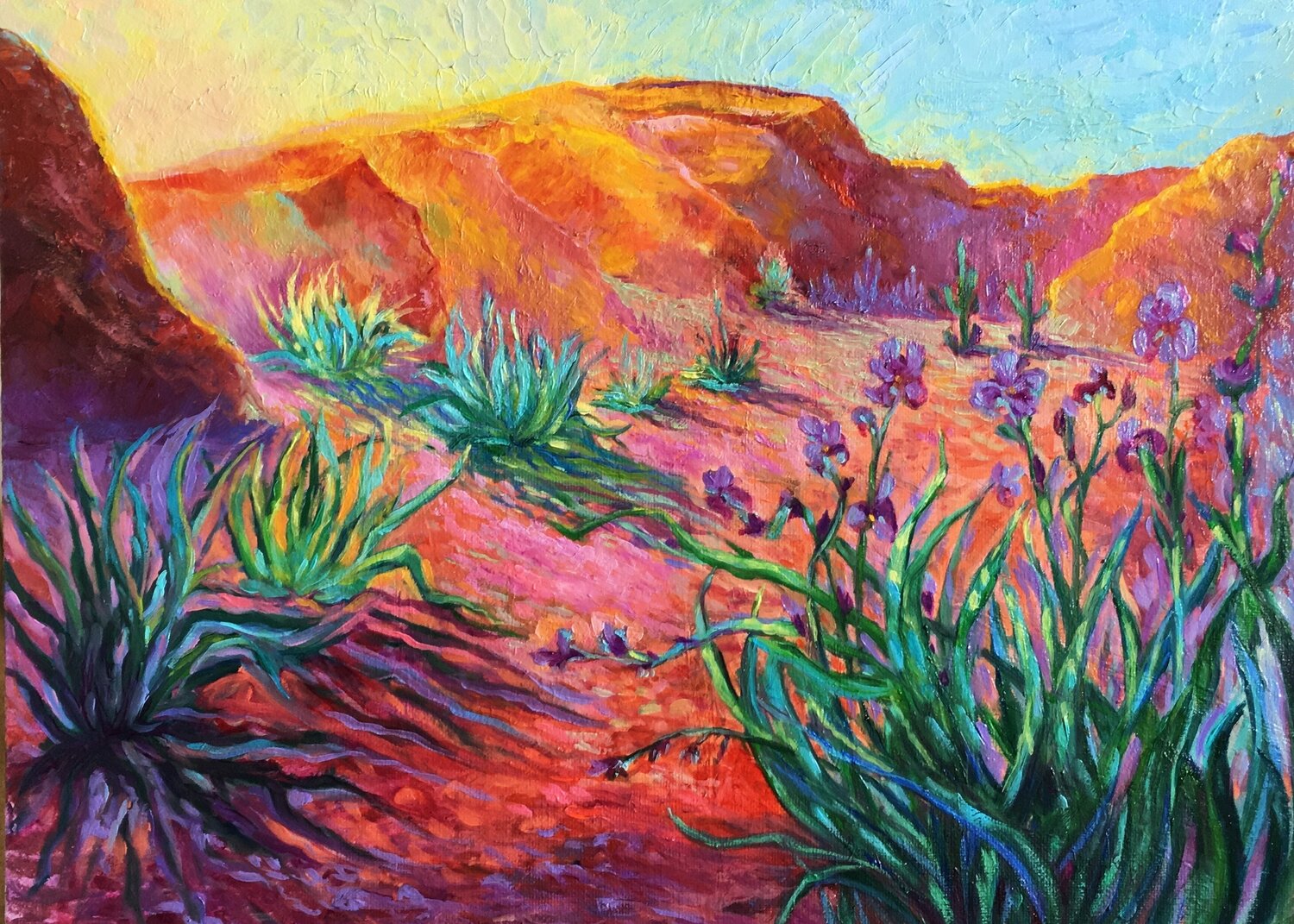 Spring in the Desert with Irises Olga Begisheva K. Original painting for sale