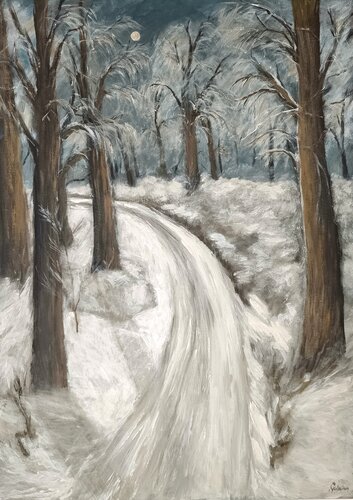Am Abend schien der Mond über den verschneiten Weg und tauchte ihn in stilles Licht. by Gulschan Rokzad, Painting for Sale on Select