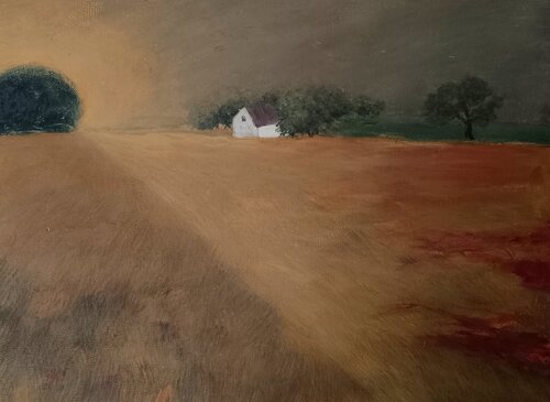 Ein Haus an der Wiese, getragen vom Licht by Gulschan Rokzad, Painting for Sale on Select