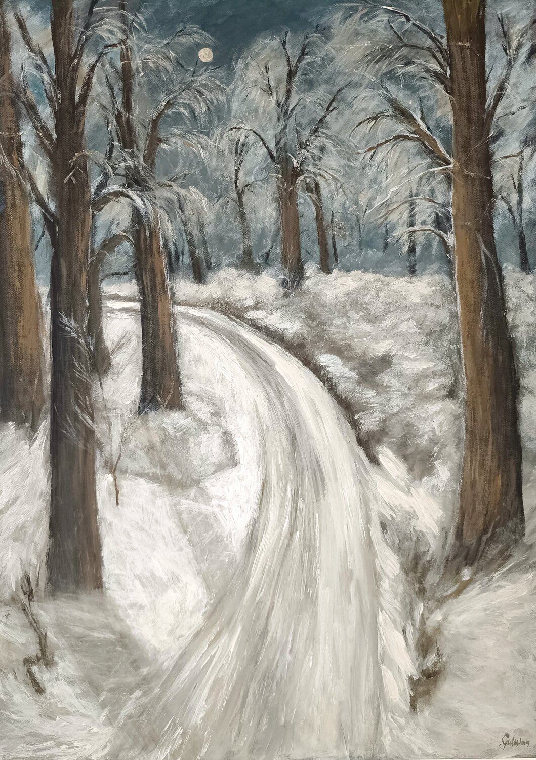 Am Abend schien der Mond über den verschneiten Weg und tauchte ihn in stilles Licht. Gulschan Rokzad Original painting for sale