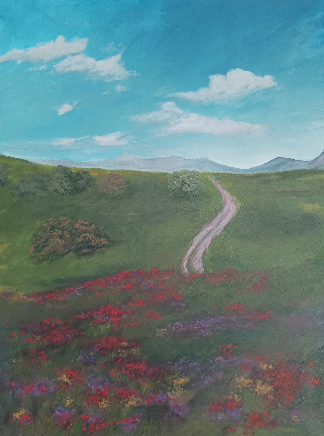 Der Weg durch die Wiese richtung Berge Gulschan Rokzad Original painting for sale