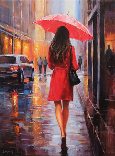Red Umbrella in the Rain by Behshad Arjomandi, Painting for Sale on Select