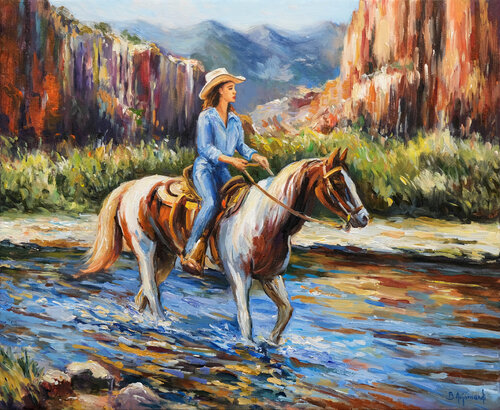 Cowgirl in the Canyon Light by Behshad Arjomandi, Painting for Sale on Select