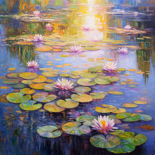Water Lily Pond in Bloom by Behshad Arjomandi, Painting for Sale on Select