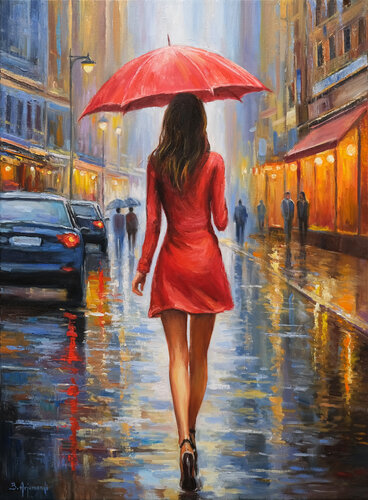 Rainy Street Reflections by Behshad Arjomandi, Painting for Sale on Select