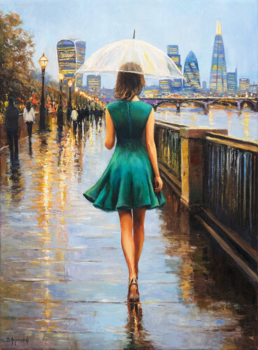 A Rainy Walk in London by Behshad Arjomandi, Painting for Sale on Select