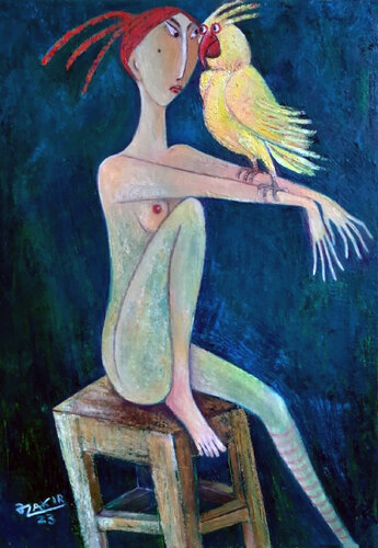 .Girl and parrot. by Zakir Ahmedov, Painting for Sale on Select