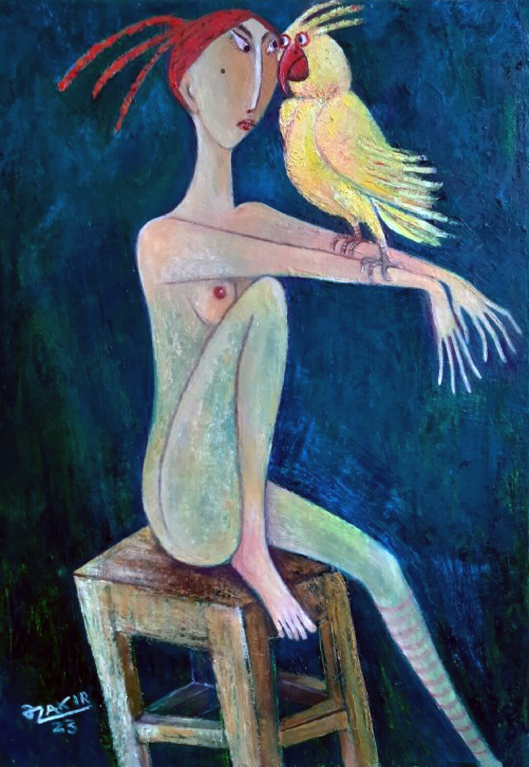 .Girl and parrot. Zakir Ahmedov Original painting for sale