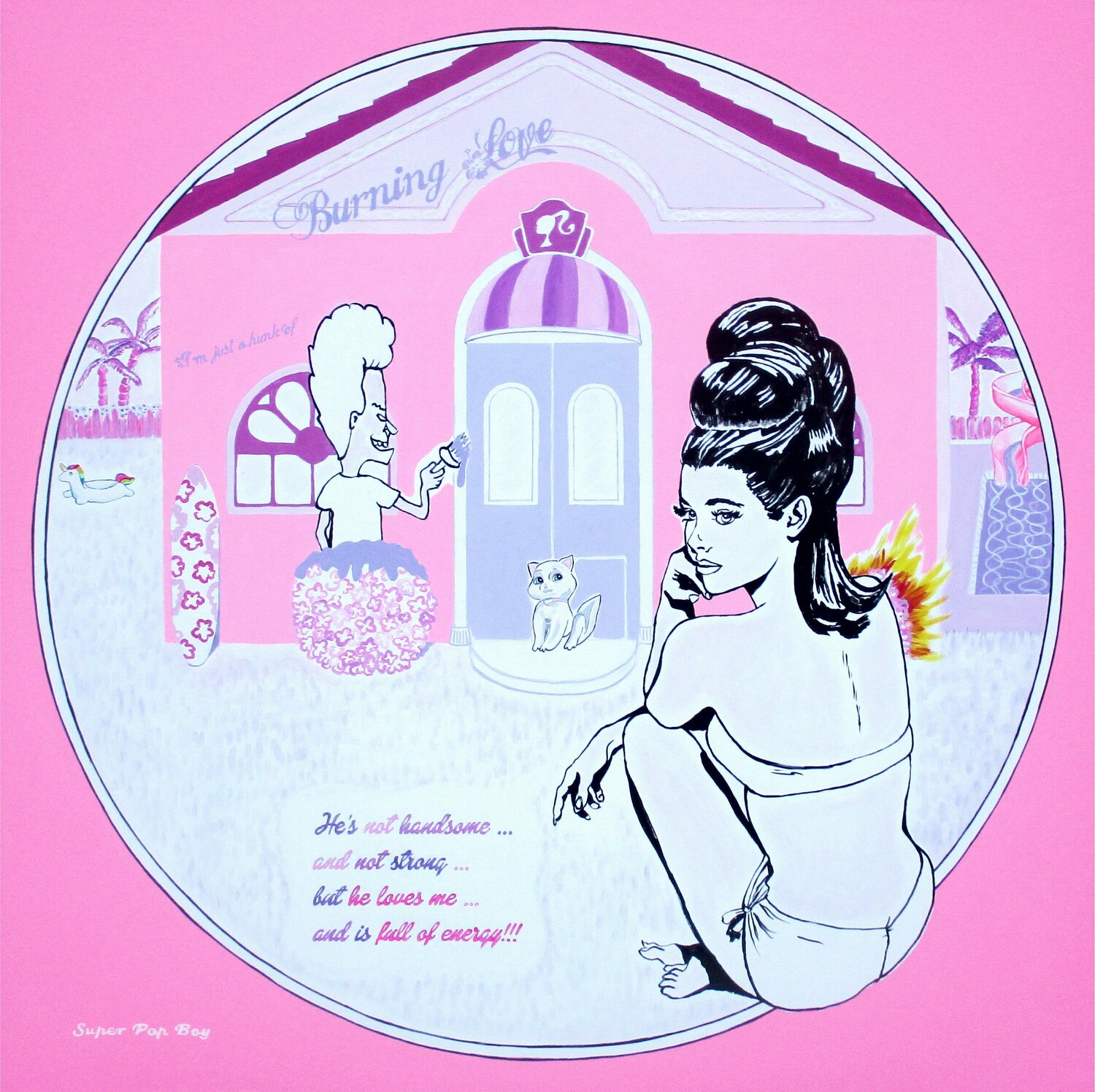 Burning Love (Pink Barbie Pop art) Super Pop Boy Original painting for sale