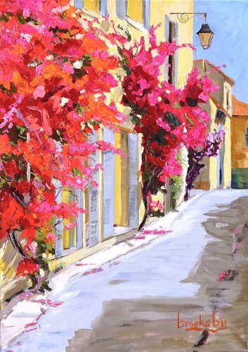 Rue Sainte Claire Bougainvillae by Angie Brooksby-Arcangioli, Painting for Sale on Select