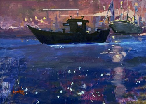 Nightscape Boat : Blue Harbor by Angie Brooksby-Arcangioli, Painting for Sale on Select