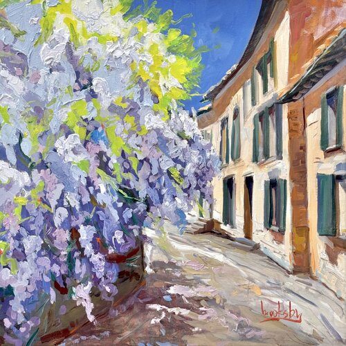 French Riviera Wisteria - ruelle Glicine by Angie Brooksby-Arcangioli, Painting for Sale on Select