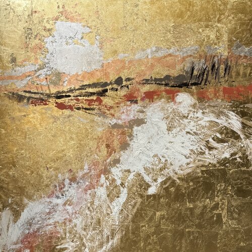 Riviera Beach - Mediterranean Gold Leaf acrylic Abstract by Angie Brooksby-Arcangioli, Painting for Sale on Select