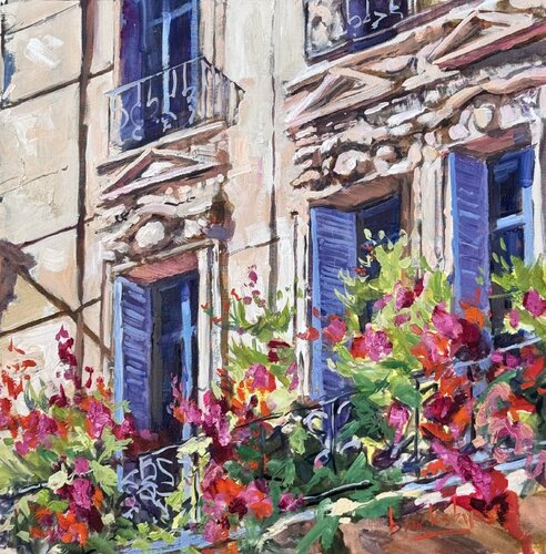 Les Beaux Jours, Provencal Balcony by Angie Brooksby-Arcangioli, Painting for Sale on Select