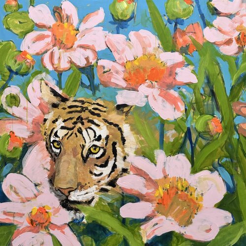 Tiger in the Dahlias by Angie Brooksby-Arcangioli, Painting for Sale on Select