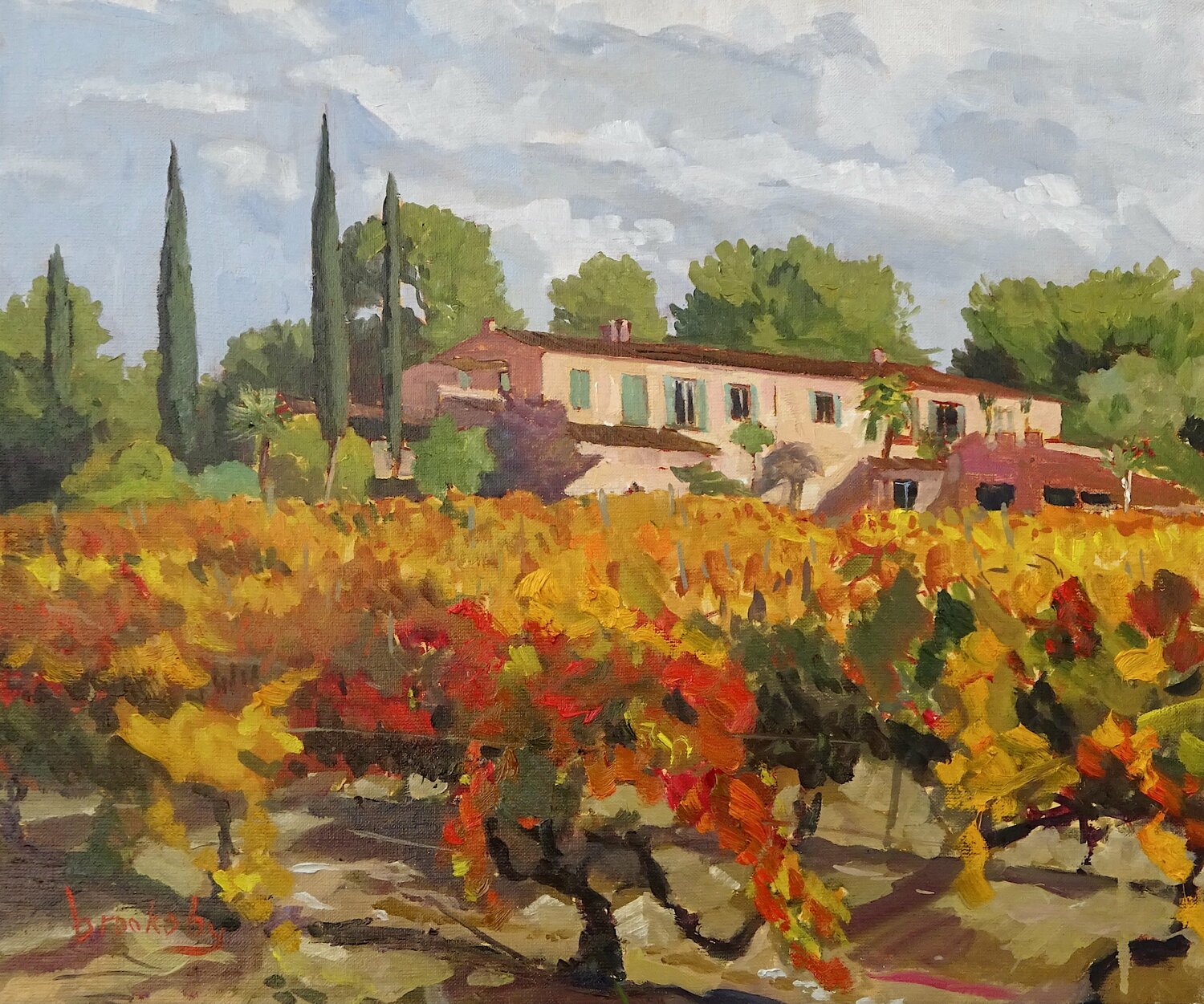 Autumn Vines - French vineyard landscape Angie Brooksby-Arcangioli Original painting for sale
