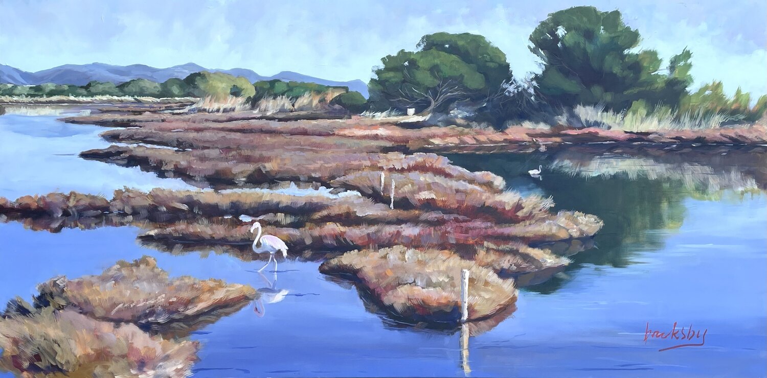 French Riviera Pink Flamingo Angie Brooksby-Arcangioli Original painting for sale