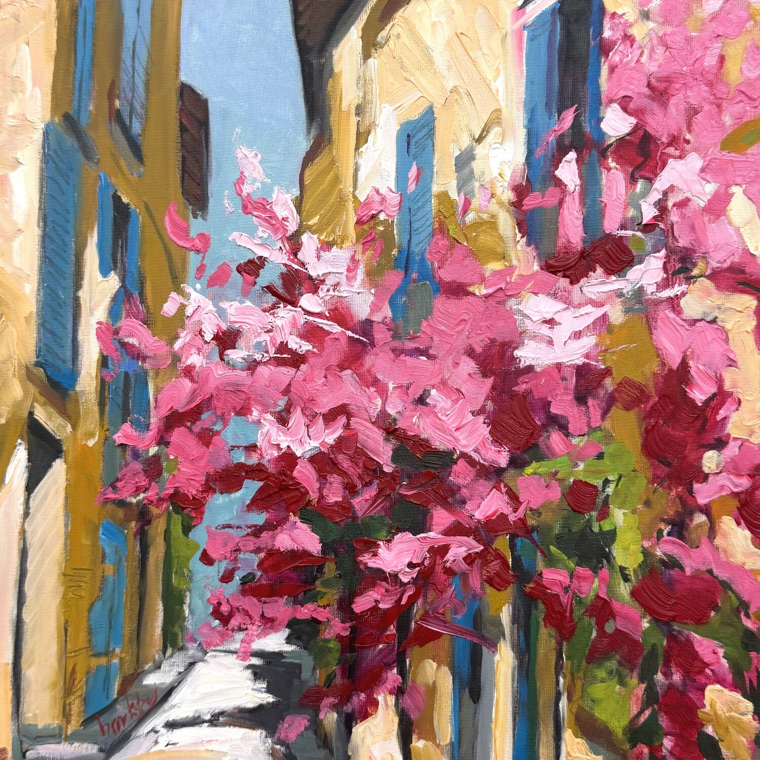 Pink Alley  : Mediterranean Bougainvillea Angie Brooksby-Arcangioli Original painting for sale