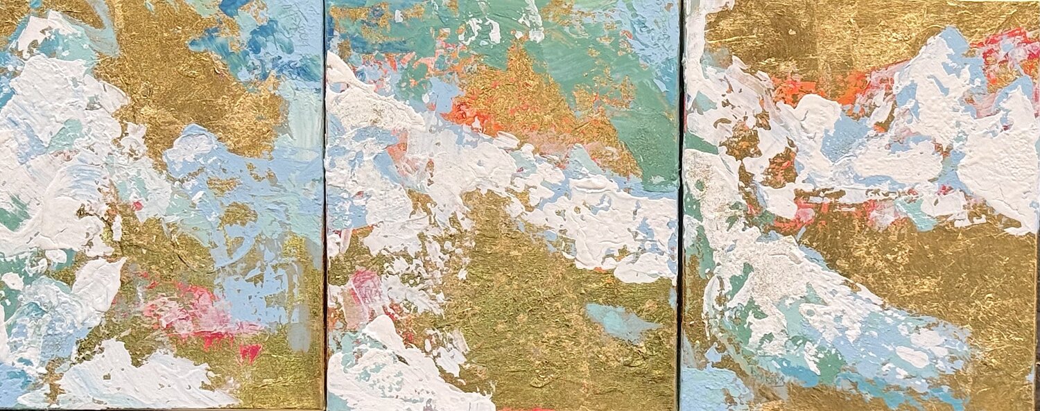 Mohan Triptych - Gold leaf acrylic abstraction Angie Brooksby-Arcangioli Original painting for sale