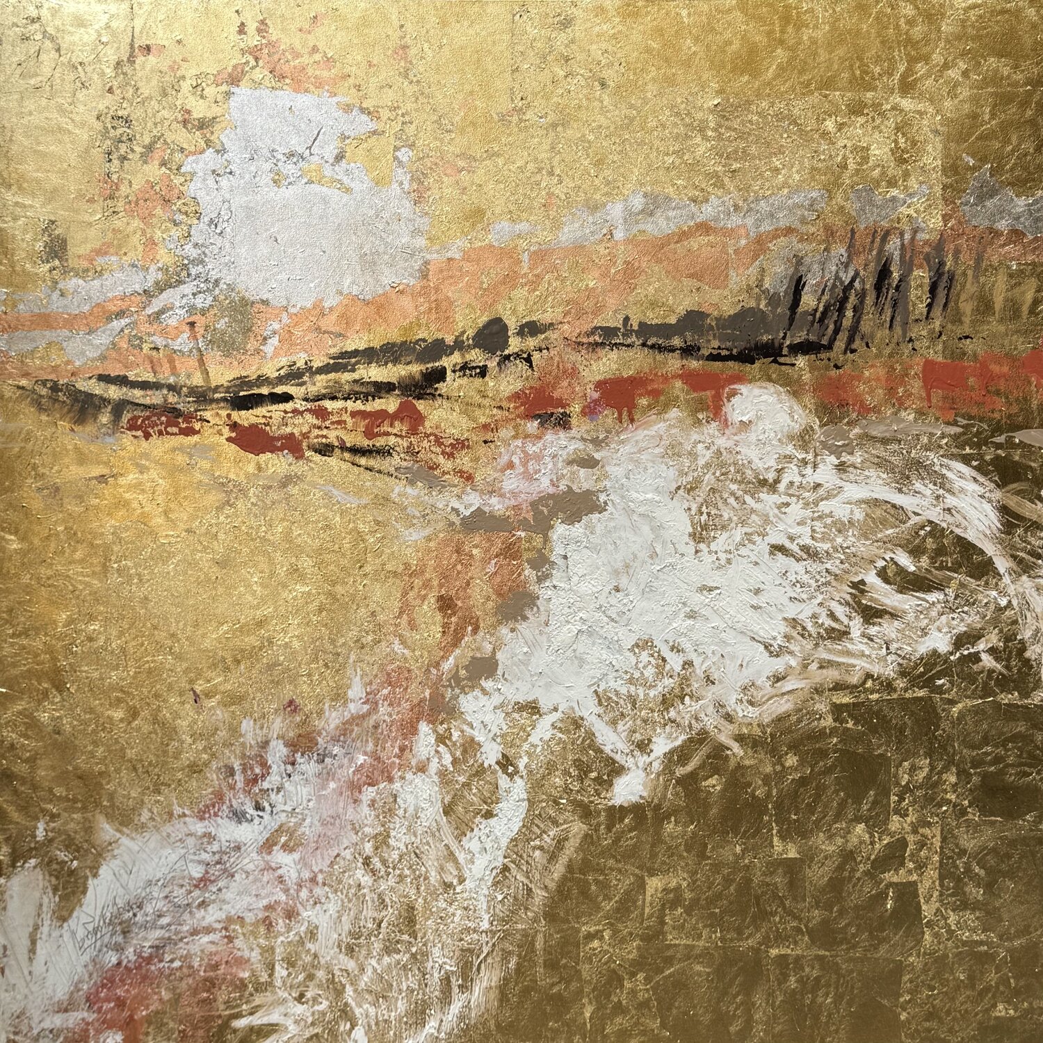 Riviera Beach - Mediterranean Gold Leaf acrylic Abstract Angie Brooksby-Arcangioli Original painting for sale