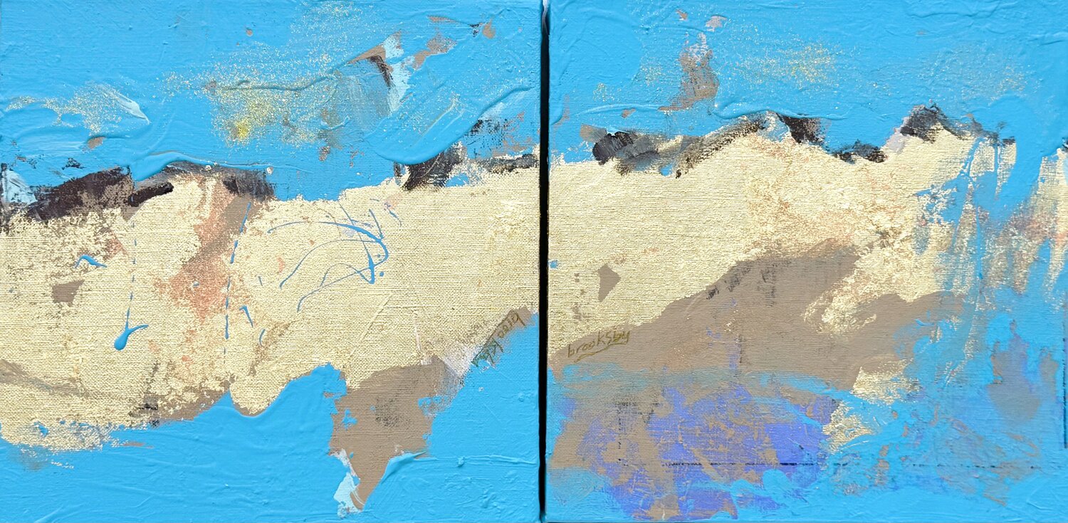 Golden Islands Blue Night  Diptych - Gold leaf acrylic abstraction Angie Brooksby-Arcangioli Original painting for sale