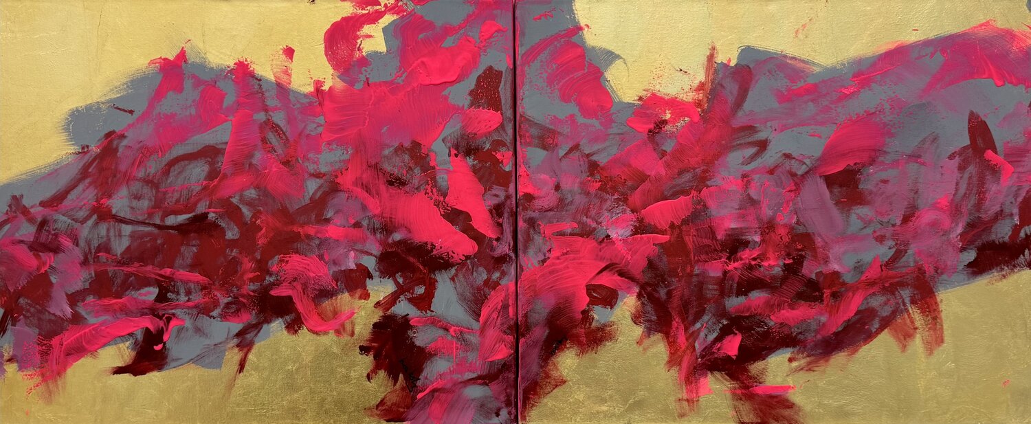 Pink Dream Diptych - colorful gold leaf abstract painting Angie Brooksby-Arcangioli Original painting for sale