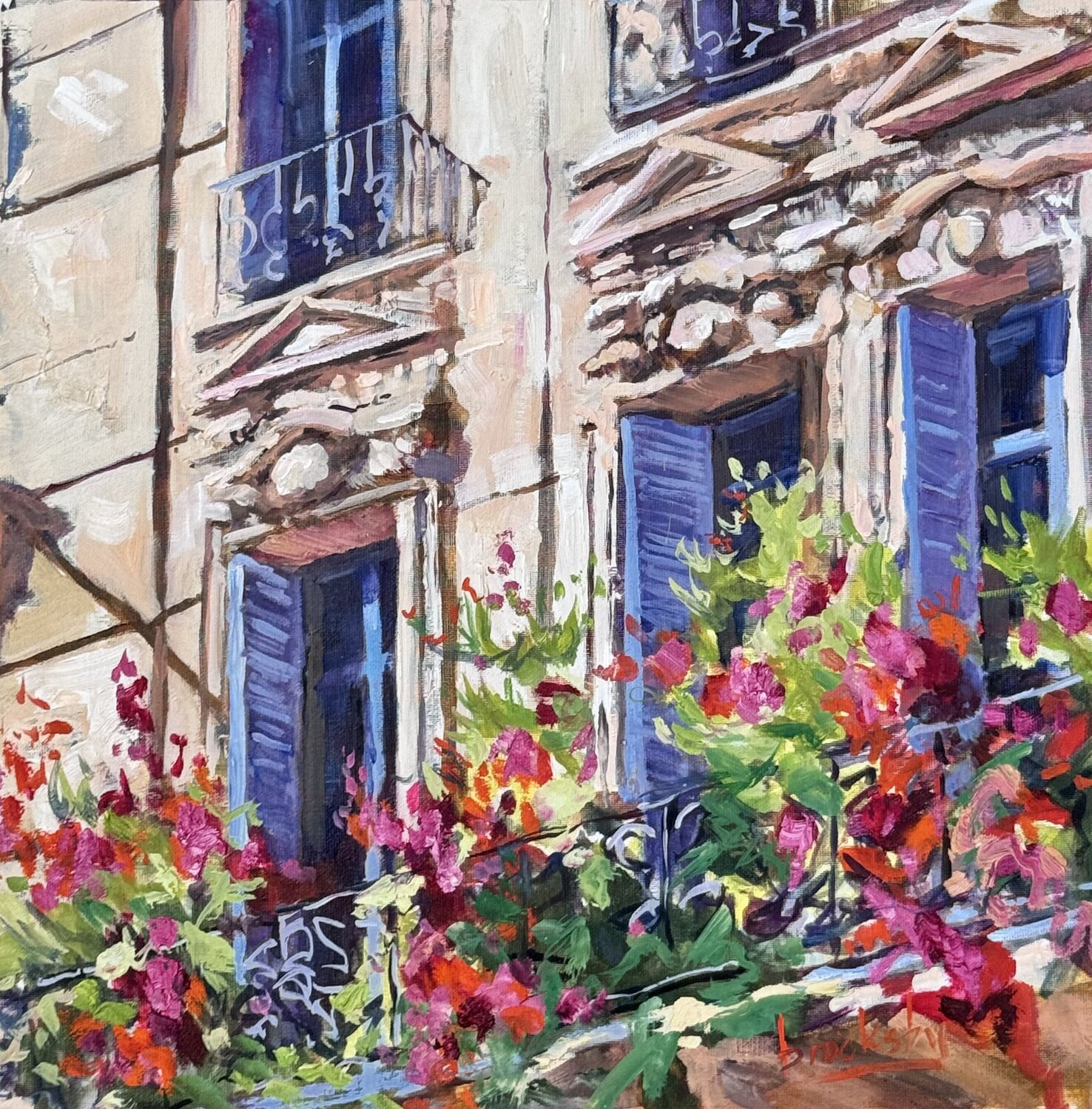 Les Beaux Jours, Provencal Balcony Angie Brooksby-Arcangioli Original painting for sale