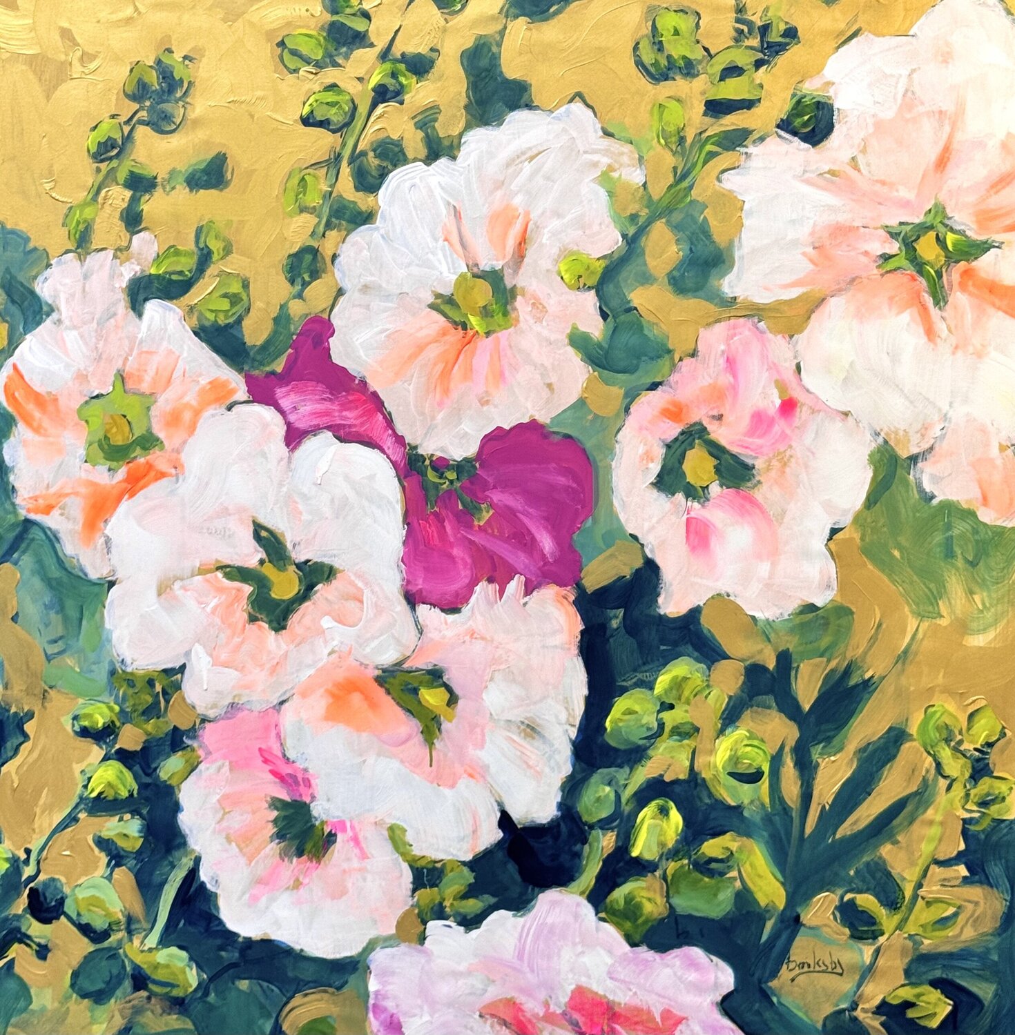 Hollyhocks on Gold Angie Brooksby-Arcangioli Original painting for sale