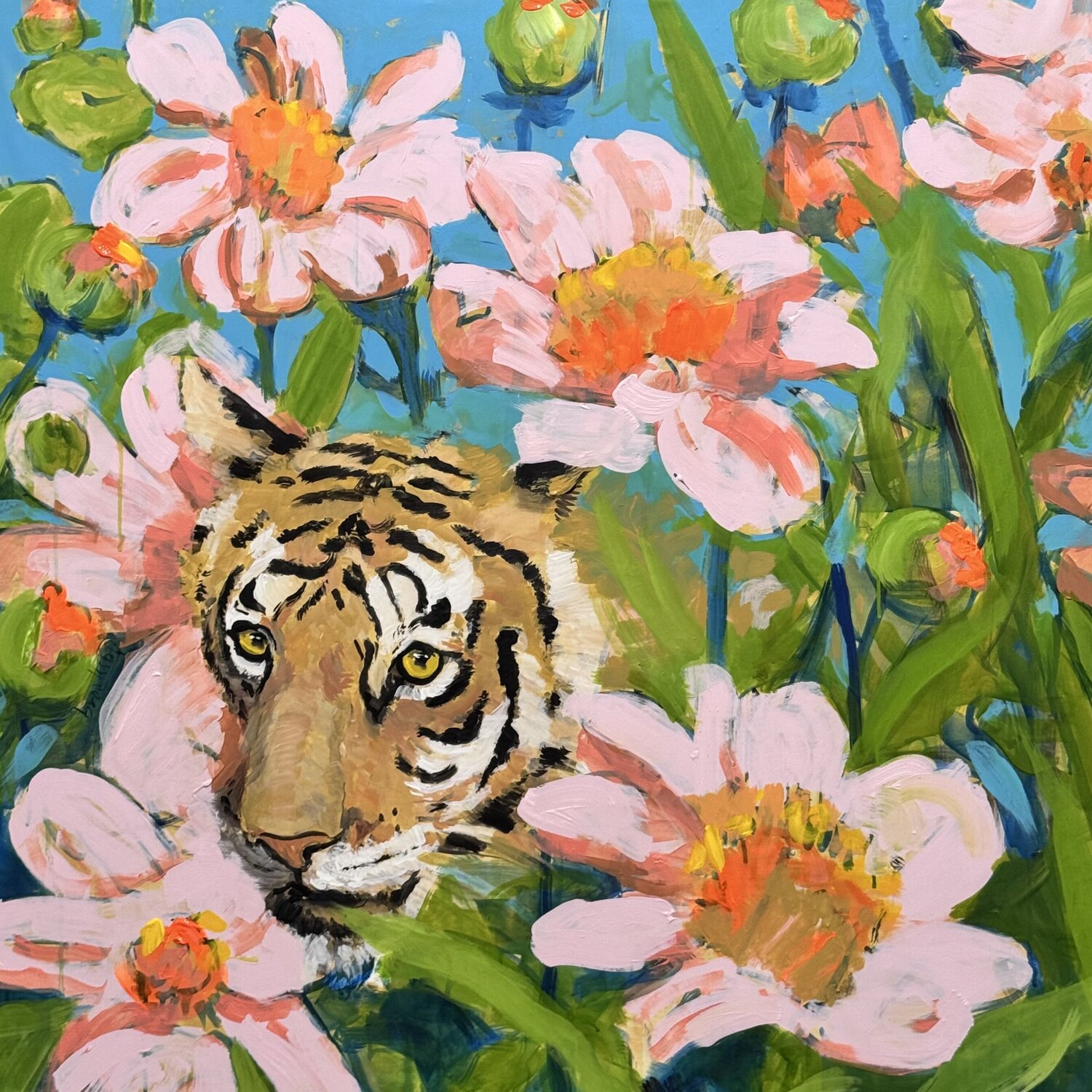 Tiger in the Dahlias Angie Brooksby-Arcangioli Original painting for sale