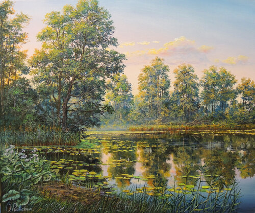 Trees by a Peaceful Lake by Oleg Riabchuk, Painting for Sale on Select