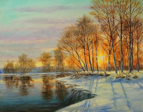 Winter's Last Breath. Sunset by Oleg Riabchuk, Painting for Sale on Select