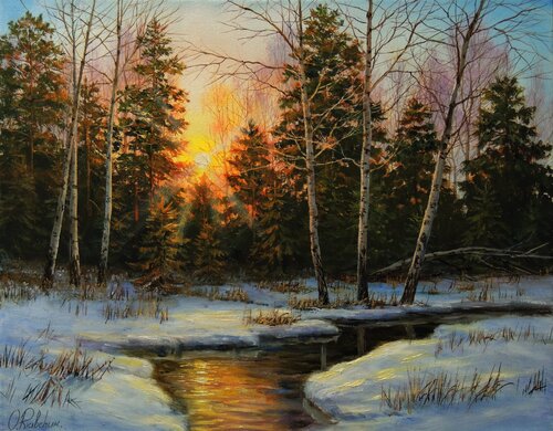 Winter Calmness. Sunset by Oleg Riabchuk, Painting for Sale on Select