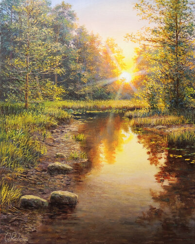 Down the water path. Sunset by Oleg Riabchuk, Painting for Sale on Select