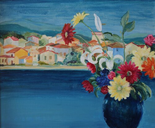 Flowers, sea and village by Luciana Mathioudakis, Painting for Sale on Select