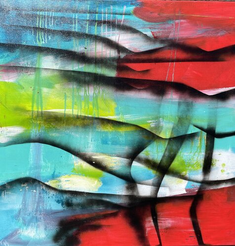 Red and turqouise a great combination by Tiny De Bruin, Painting for Sale on Select