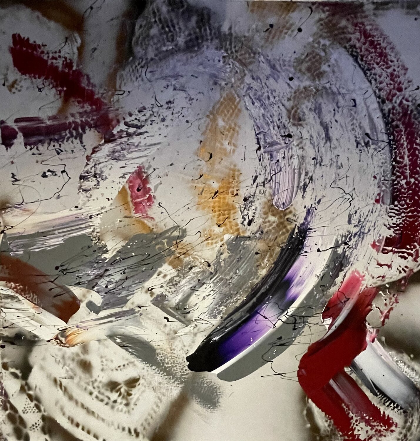 Abstract with red purple and gold Tiny De Bruin Original painting for sale