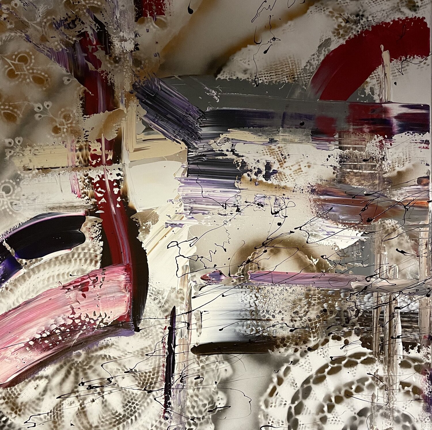 Abstract with red purple and gold 2 Tiny De Bruin Original painting for sale