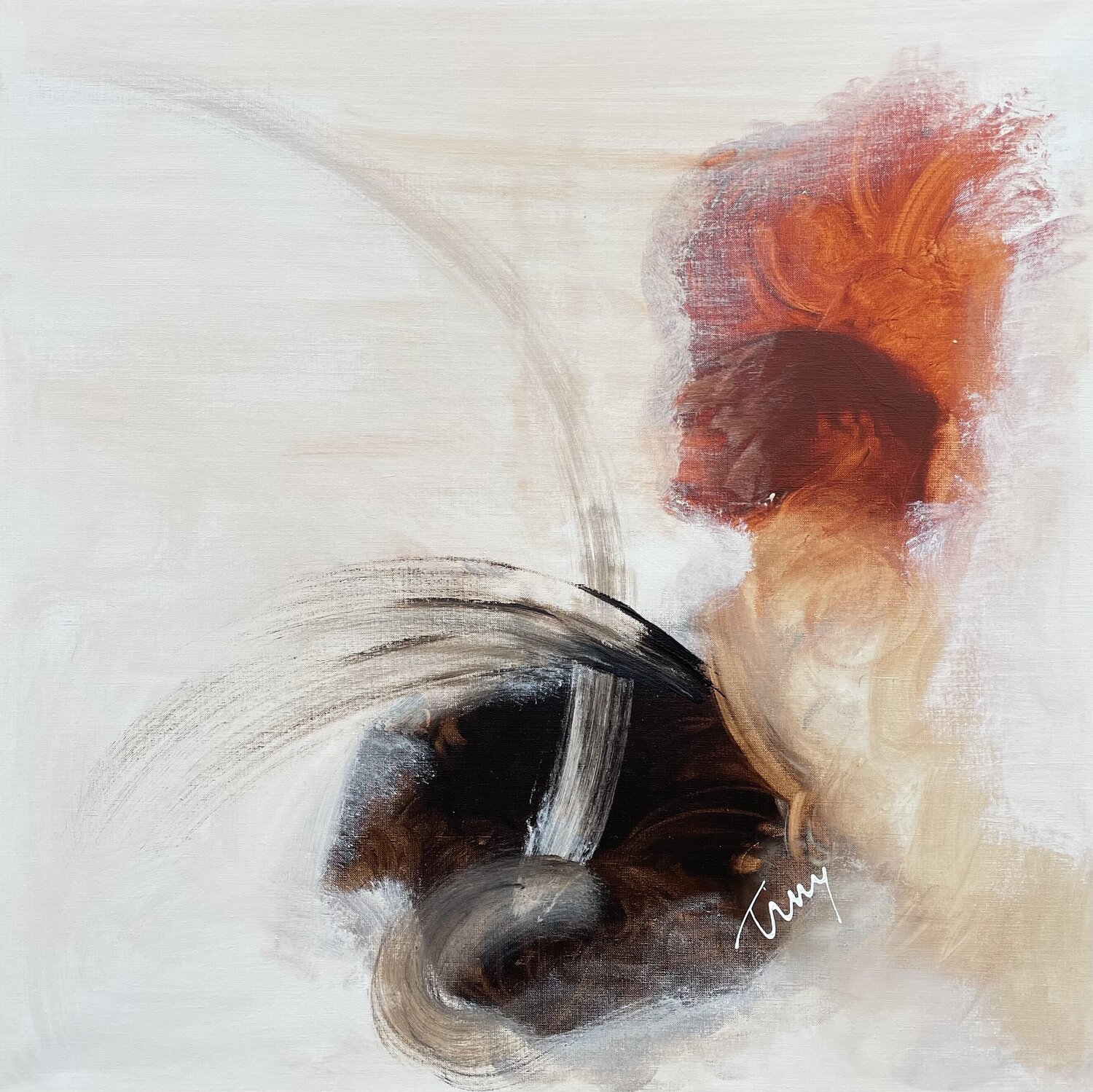 Abstract raw energy in burned sienna Tiny De Bruin Original painting for sale