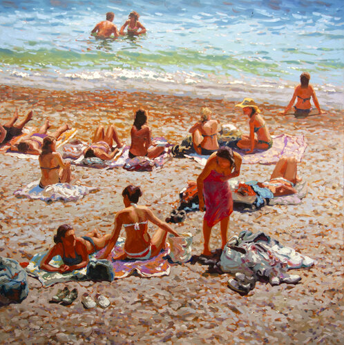 Sunbathers. Monterosso beach. by Vadim Dolgov, Painting for Sale on Select
