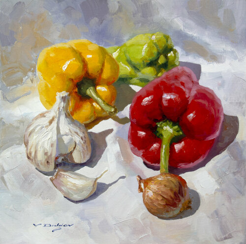 Vegetables on white cloth by Vadim Dolgov, Painting for Sale on Select