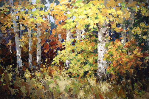 Sunlit Birches by Vadim Dolgov, Painting for Sale on Select