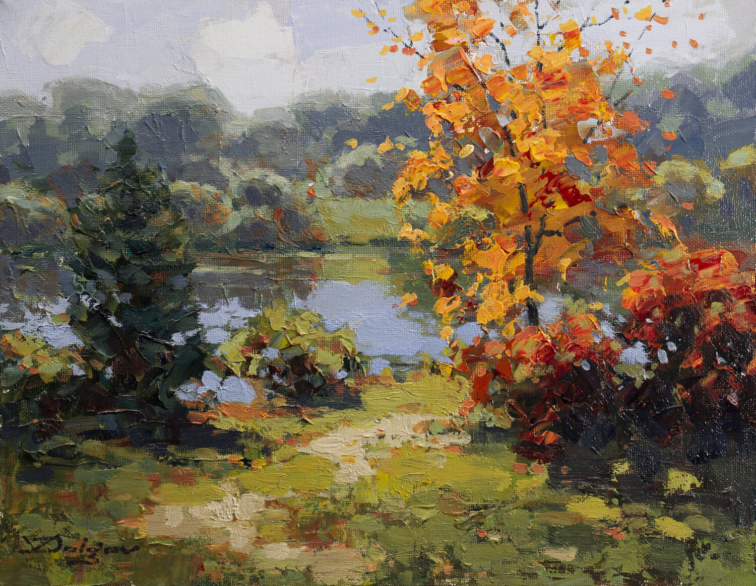 Walking by the pond Vadim Dolgov Original painting for sale