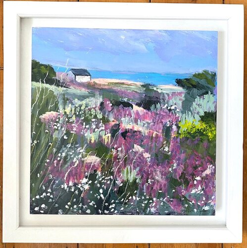 Wild Flowers and Distant Beach Hut by Nikki Wheeler, Painting for Sale on Select