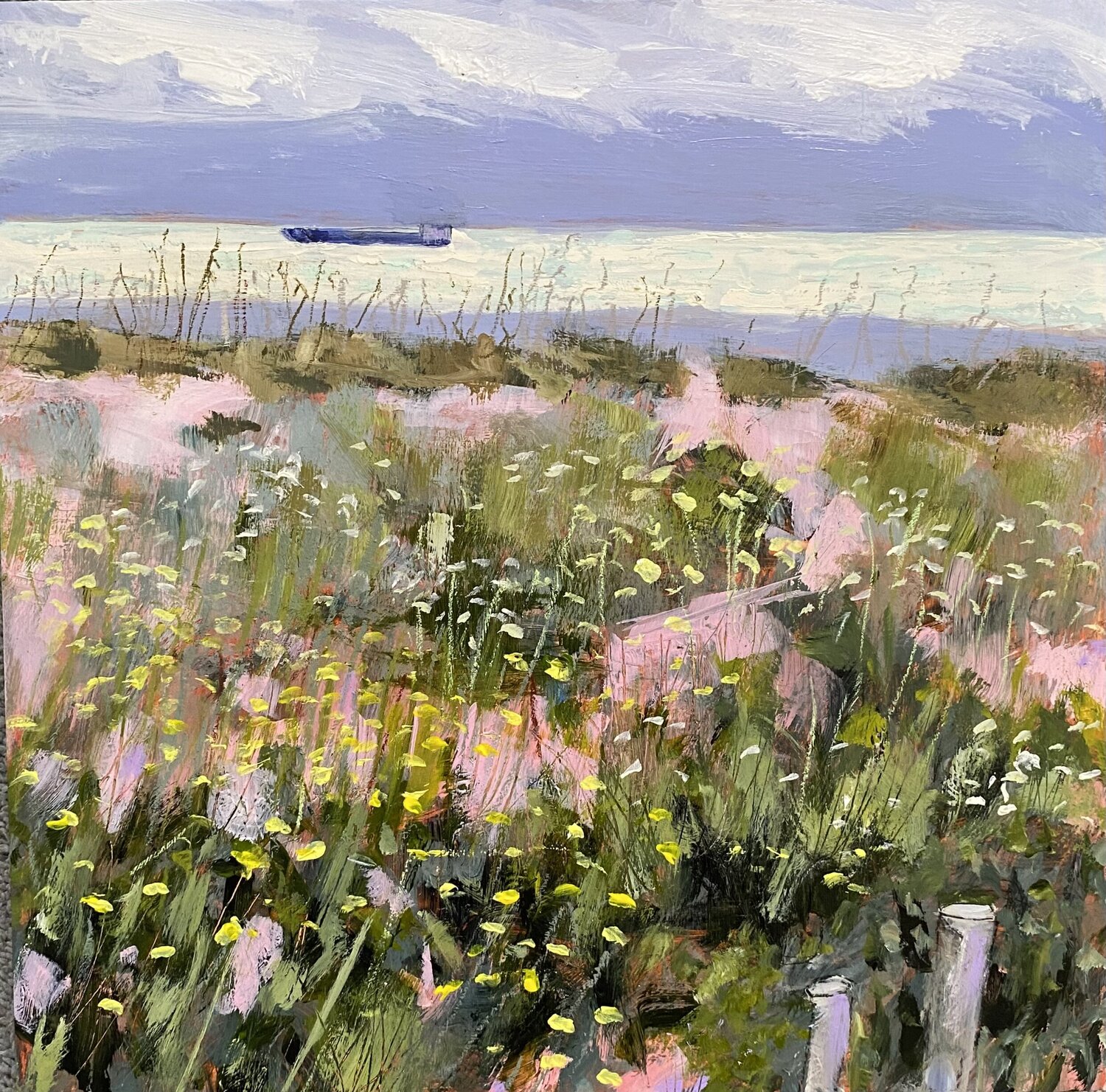 Beach, Light And A Cargo Ship Nikki Wheeler Original painting for sale