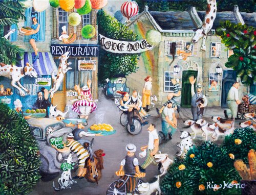 the Dog walking street von Rie Kono, Malerei kaufen auf Select