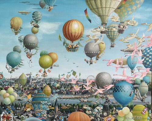 Let's go on a balloon journey! by Rie Kono, Painting for Sale on Select